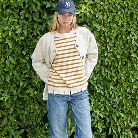 LUMIERE White Mustard Yellow Striped Distressed Hem Sweater, Boutique Casual - Picture 4 of 4
